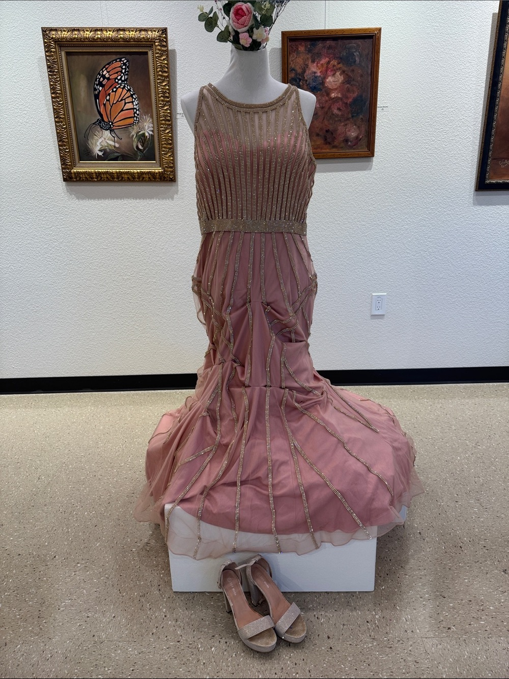 Beaded Rose Dust Gown - Elegant Sleeveless Evening Dress